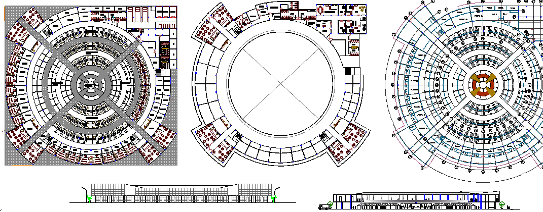 Local market elevation, section and floor plan details dwg file