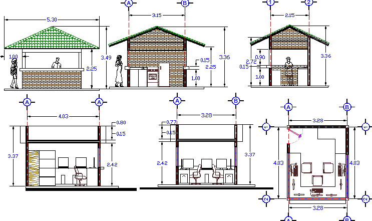 Local mini shop elevation and sectional details dwg file