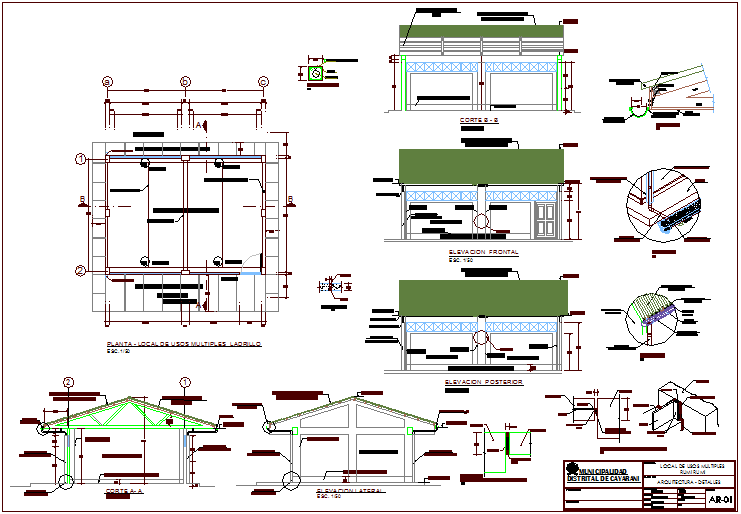 Local multiple use area architectural plan,elevation and section view dwg file