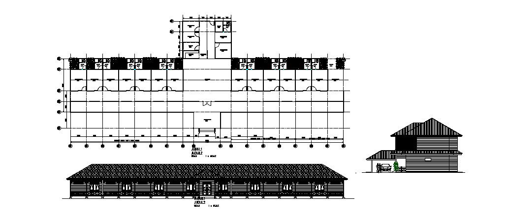Long house main and side elevation and plan cad drawing details dwg file