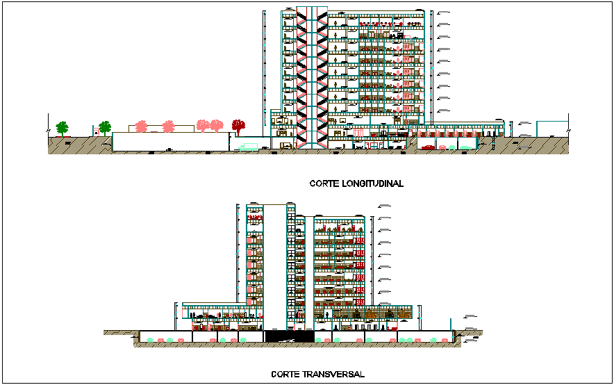 Longitudinal and transverse section view of hospital dwg file