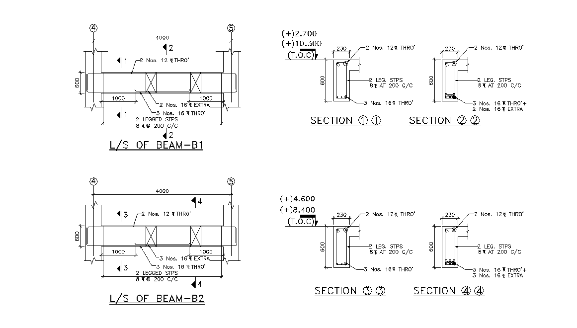 Longitudinal Section detail of Beam. Download AutoCAD DWG file.