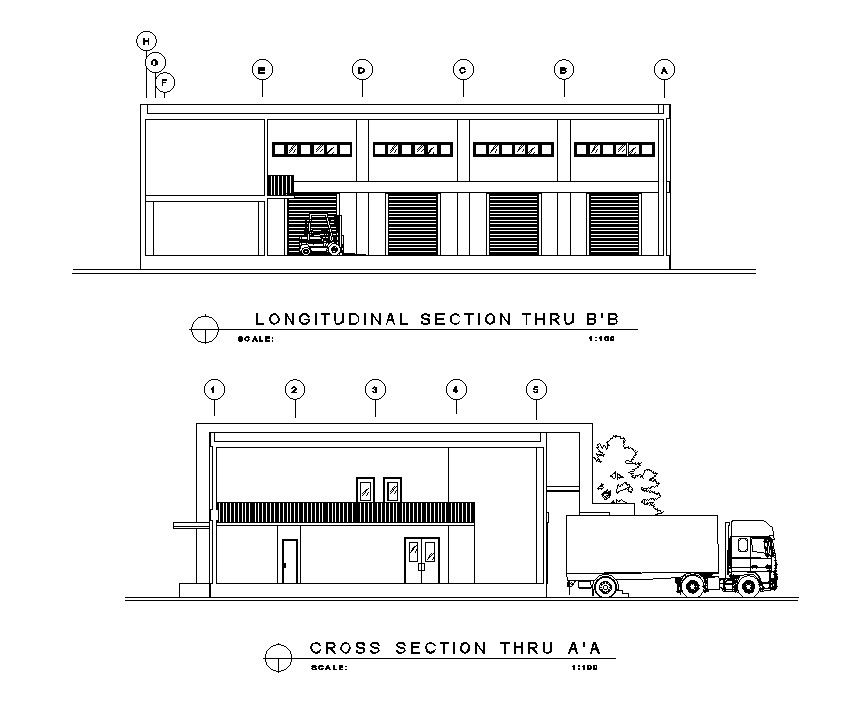 Longitudinal & Cross-Section Details of Warehouse | DWG File