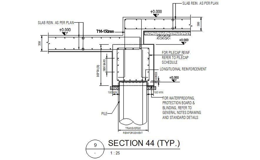 Longitudinal and slab reinforcement details of the pile cap section are given in this AutoCAD 2D Drawing file.Download the AutoCAD 2D DWG file.