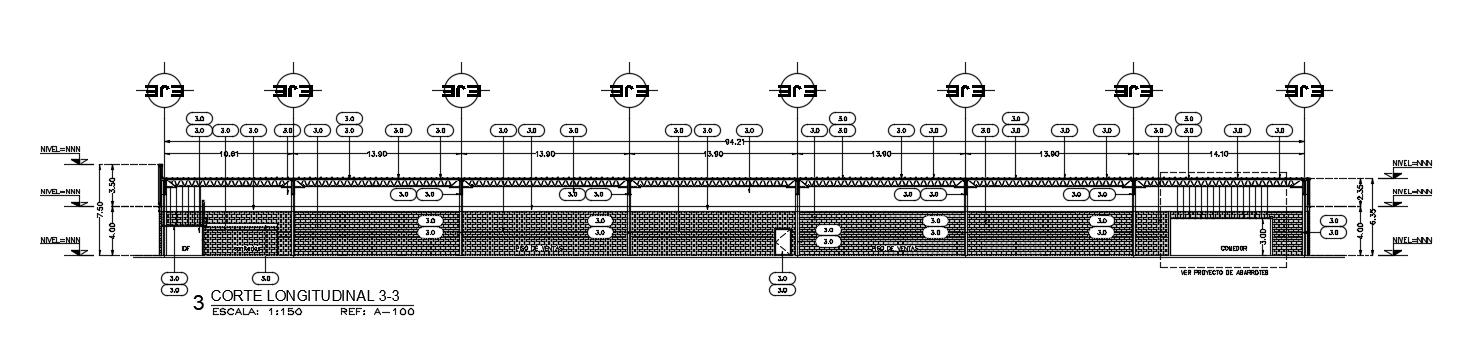 Longitudinal back section view of 112x62m super market building is given in this Autocad drawing file. Download now.