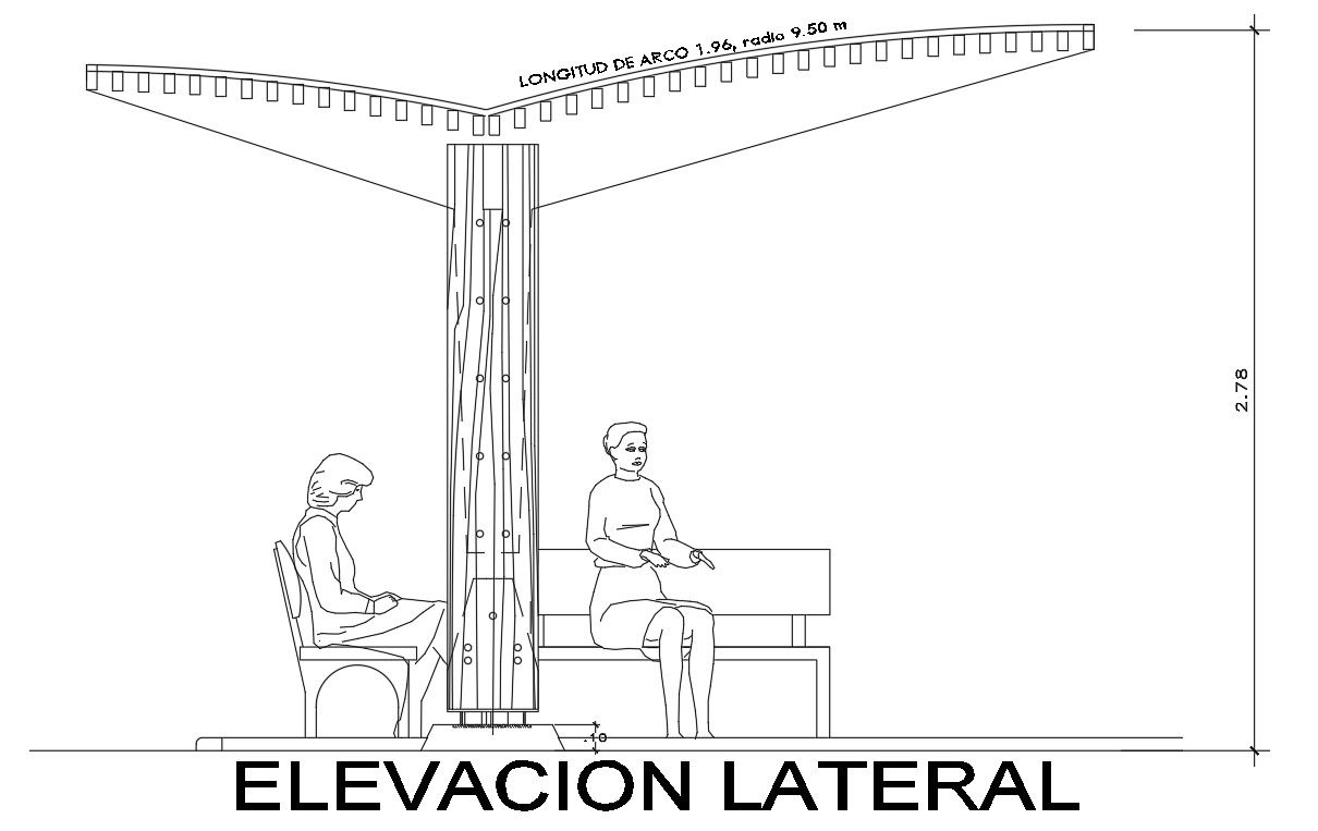Longitudinal elevation view of the beach house play area hut is given in this Autoad drawing file. Download now.