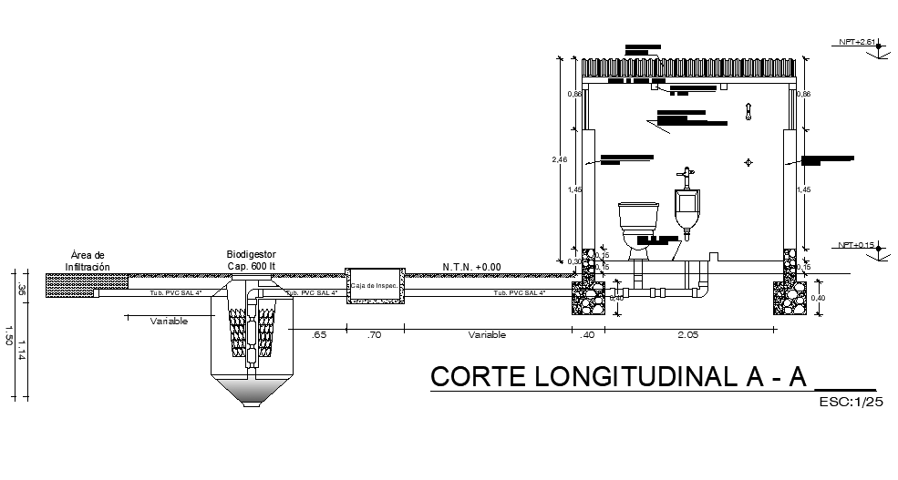 Longitudinal section of 3xxm bathroom cum digestor is given in this Autocad drawing file.Download now.