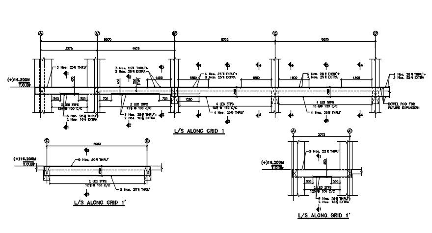Longitudinal section of beam with grid is given in the form of 2D Autocad DWG drawing file. Download the Autocad DWG drawing file.