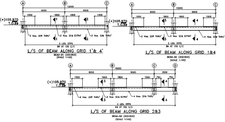 Longitudinal sections of beam along grid details are given in the form of 2D Autocad DWG drawing file.