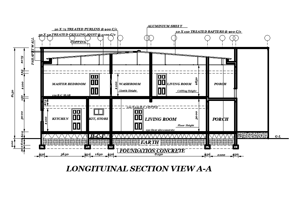 Longitudinal section view of 15x21m house plan is given in this Autocad drawing file. Download now.
