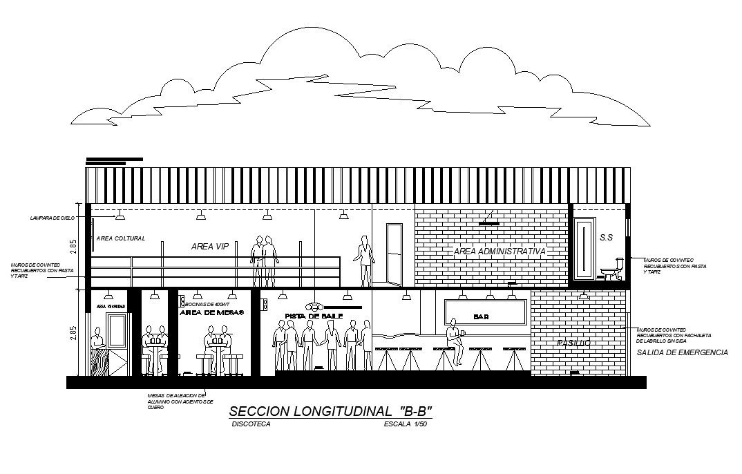 Longitudinal section view of 16x36m Restaurant building is given in this AutoCAD drawing model.Download now.