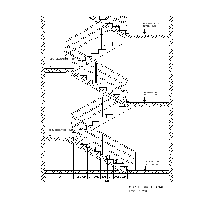Longitudinal section view of Fire ladder stair detail is given in this Autocad DWG drawing file. Download now.