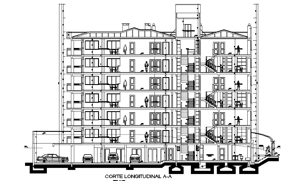 Longitudinal section view of the semi ground apartment building is given in this 2D Autocad DWG drawing file.