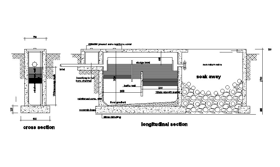 Longitudinal section view of the septic tank is given in this Autocad drawing model. Download the Autocad file.