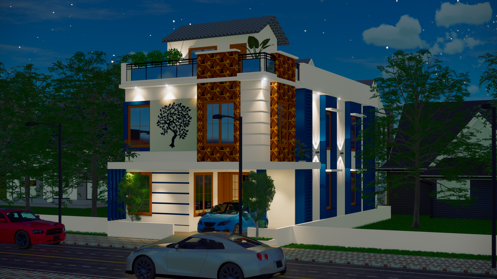 Long View of Luxury Villa 3D Bungalow House Design in DWG File