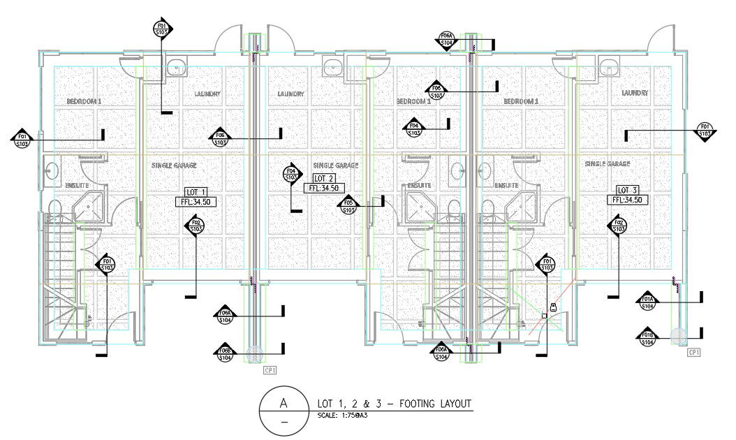 Row House Footing Layout Plan in AutoCAD 2D for Lots 1–3