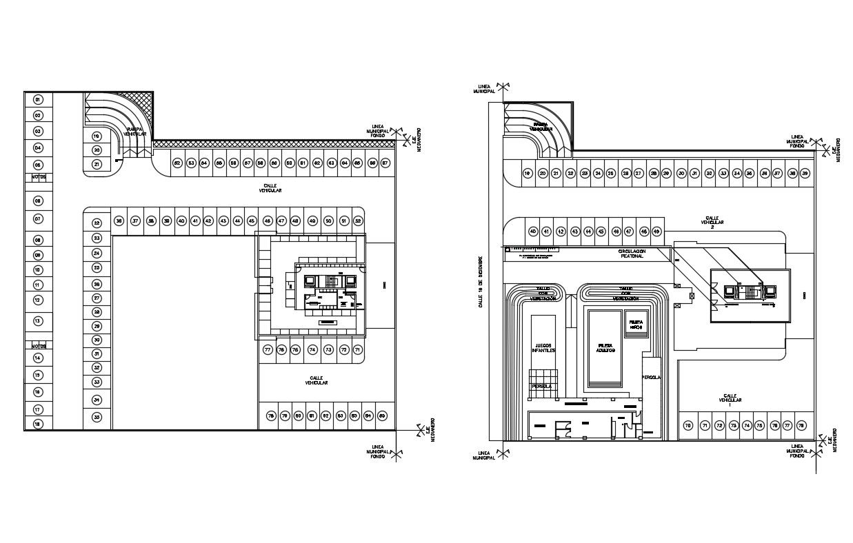 Low level ground floor and subsoil plan detail of apartment building dwg file