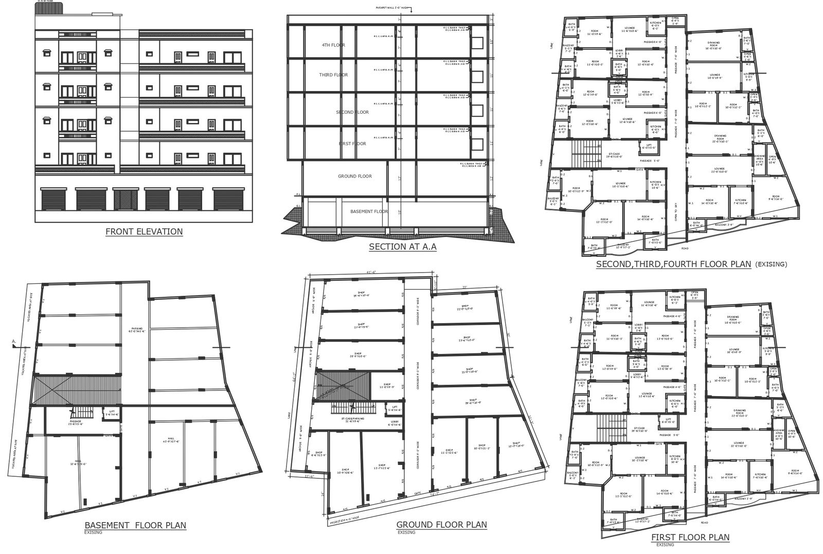 Low rise apartment design with 9 ft wide corridor detailed plan section and elevation DWG autoCAD drawing