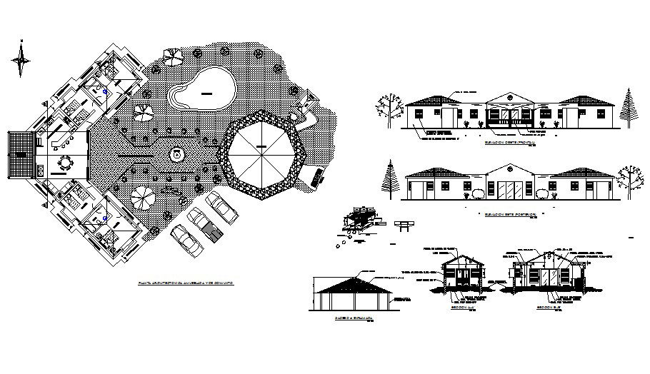 Luxuries club house all sided elevation, section and plan details dwg file