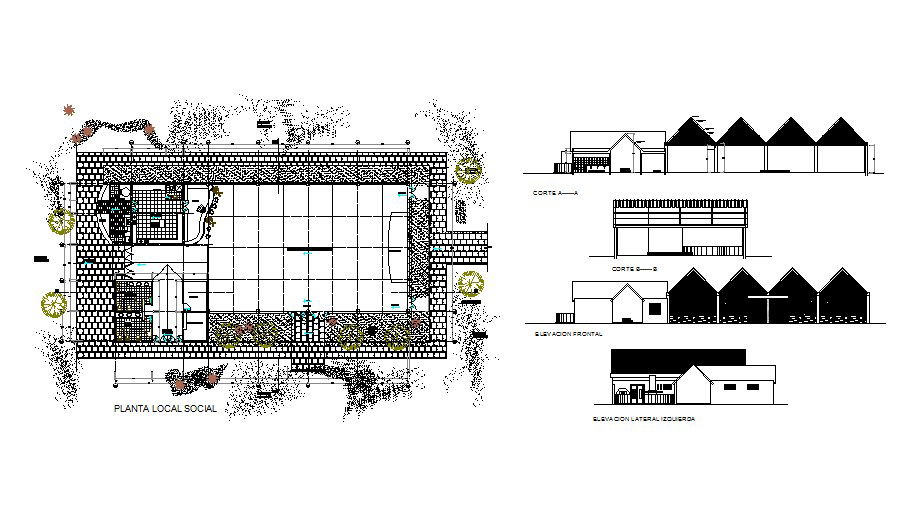 Luxuries club house elevation, section and distribution plan details dwg file