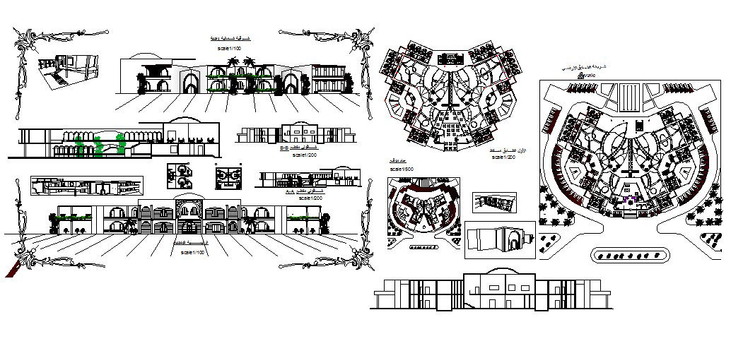 Luxuries hotel all sided elevation, section and floor plan details dwg file