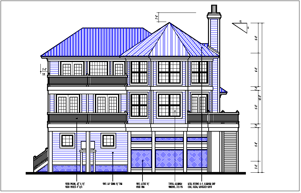 Luxurious House elevation view detail dwg file