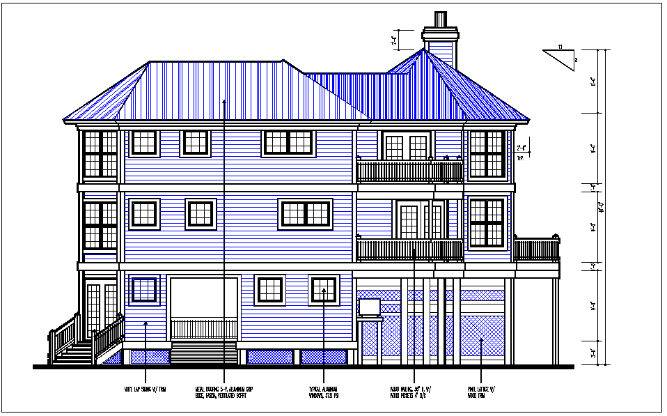 Luxurious House elevation view detail dwg file