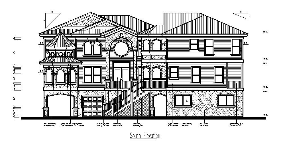 Luxurious residential house south elevation 2d cad drawing