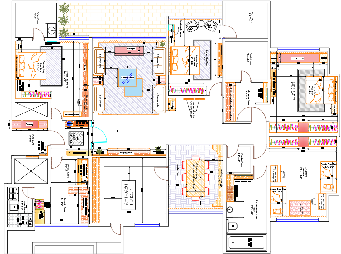 Luxurious 3 BHK Residential Housing Floor Plan Details in CAD File