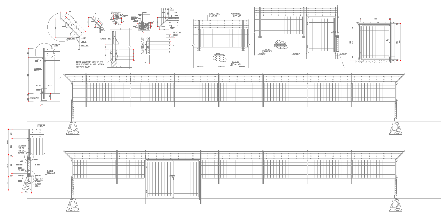 MS steel rod compound with fences and double gate,Download Autocad file.