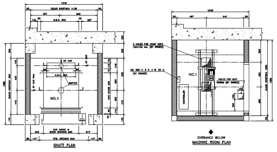 Machine room plan and shaft plan typical section details are given in this 2D CAD DWG drawing. Download the AutoCAD 2D DWG file.