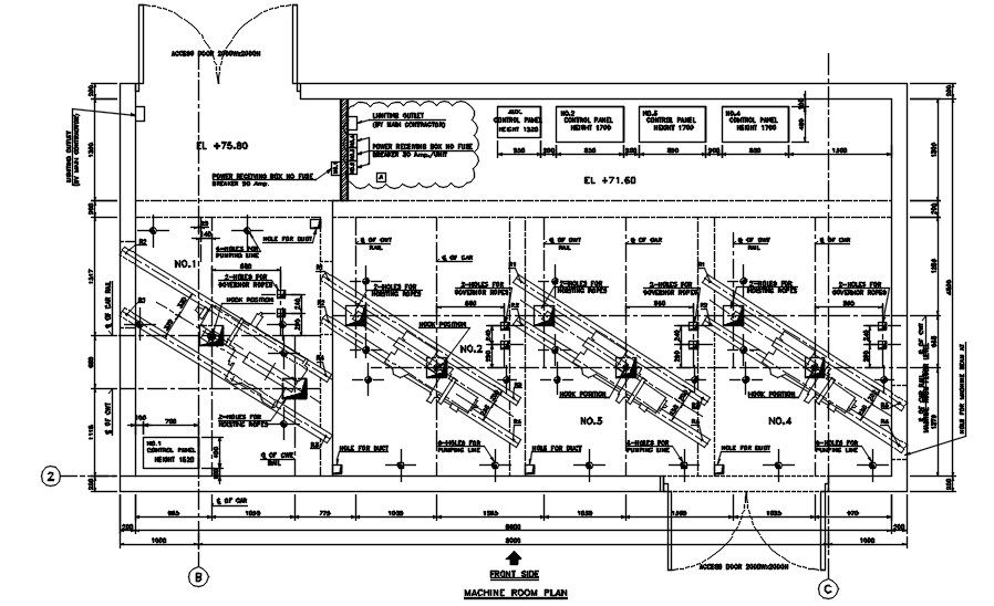 Machine room plan section details are provided in this 2D CAD DWG drawing.Download the AutoCAD 2D DWG file.