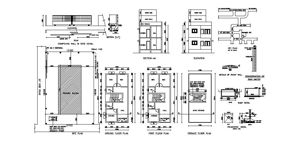 Madan house detailed architecture project with water tank dwg file
