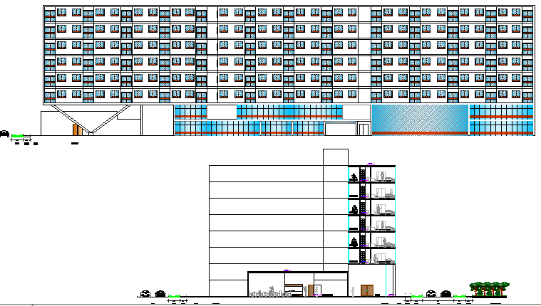 Main and back elevation details of multi-flooring college design dwg file