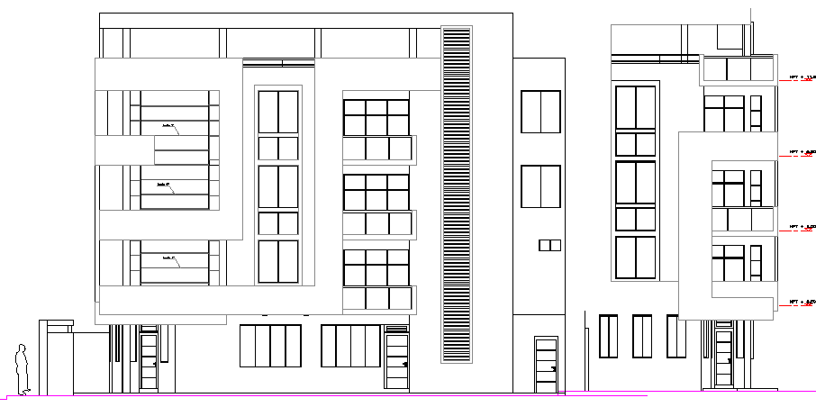 Main and side elevation of four level housing building dwg file