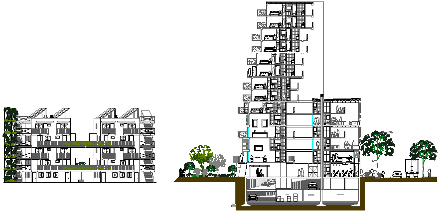 Main and side sectional view details of high rise building dwg file