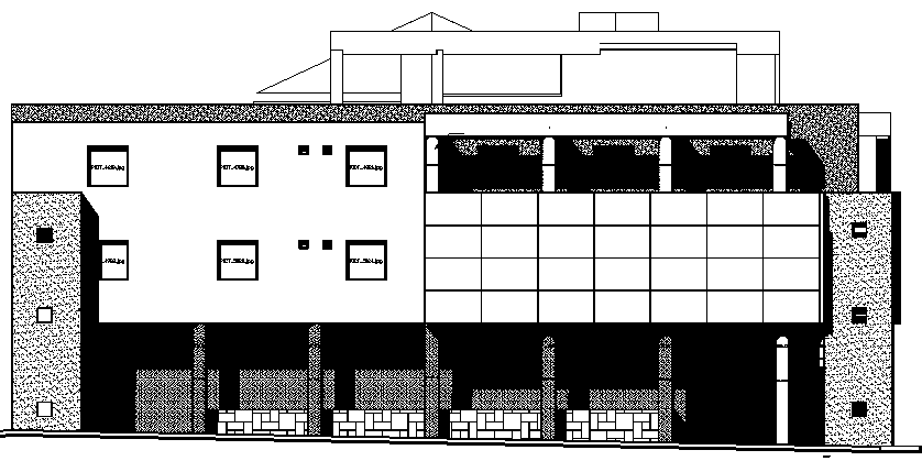 Main back elevation details of municipal office building dwg file