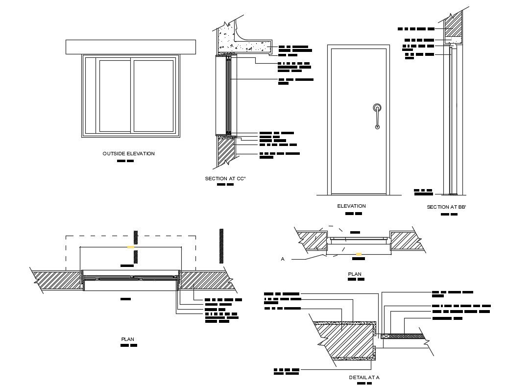 Main door and window elevation and installation details of house dwg file