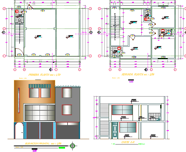 Main elevation, section and general floor plan details of office dwg file