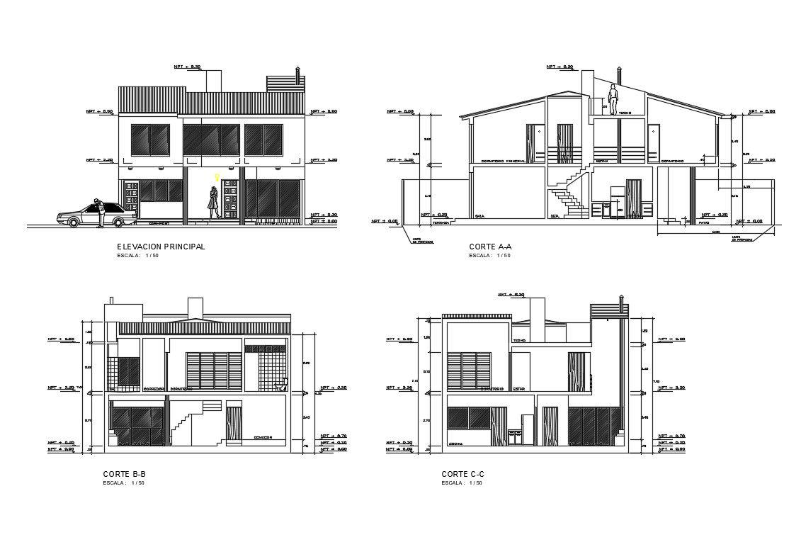 Main elevation and all sided sectional details of single family house dwg file