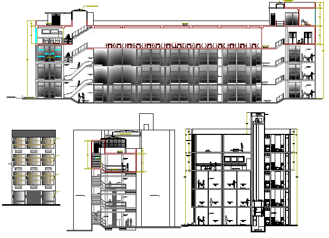 Main elevation and cut sectional view of shopping mall dwg file