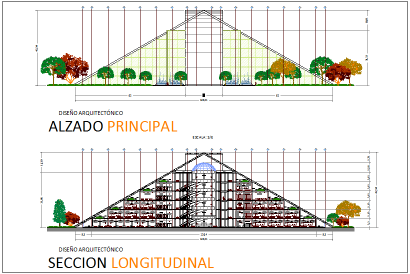 Main elevation and longitudinal sectional view for university dwg file