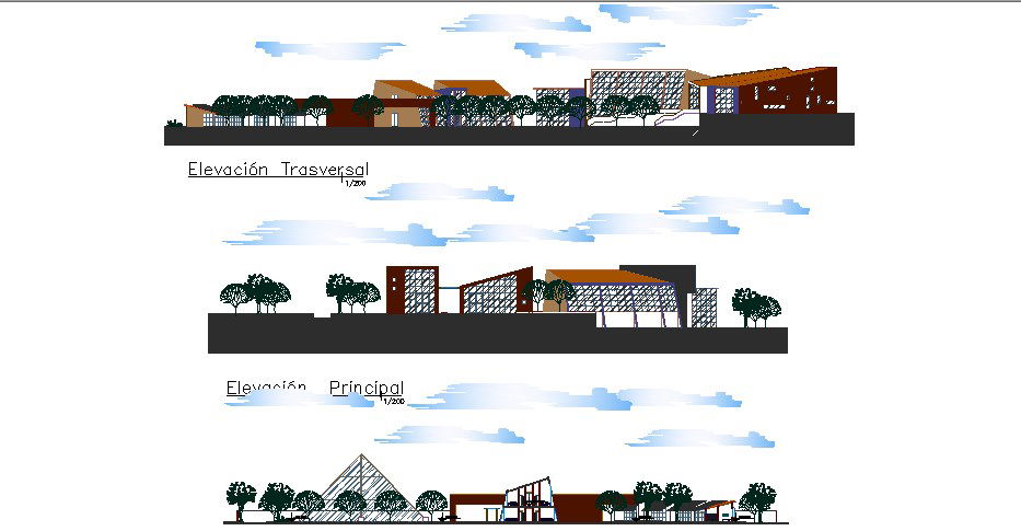 Main elevation and section and back elevation details of hotel dwg file