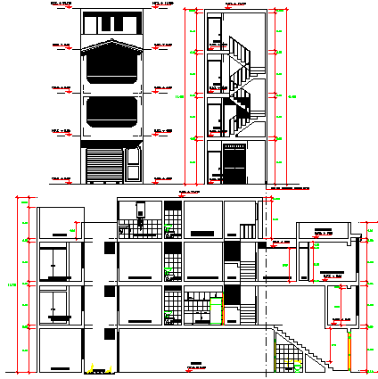 Main elevation and section plan of corporate building dwg file
