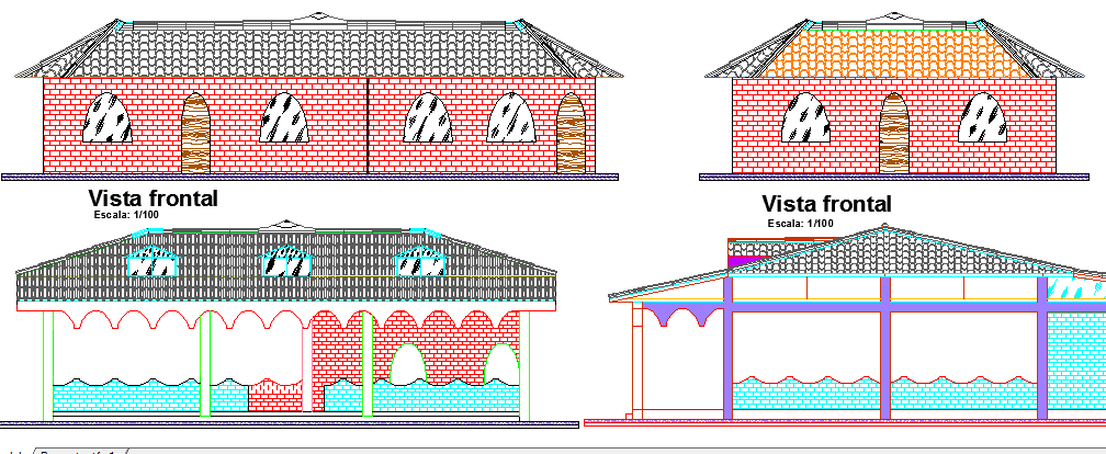 Main elevation and section plan of country house dwg file