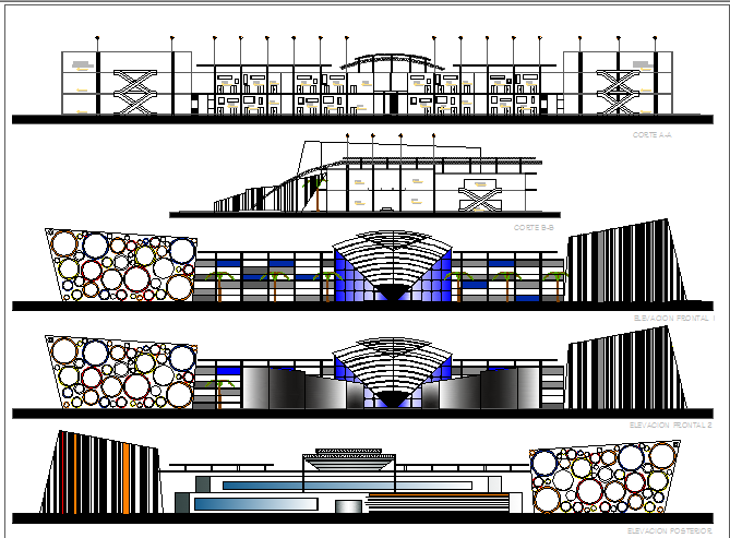 Main elevation and sectional details of city shopping center dwg file