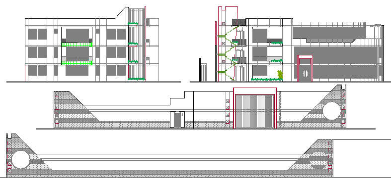 Main elevation and sectional details of local commercial market dwg file