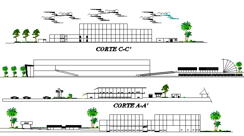 Main elevation and sectional details of multi-flooring market dwg file
