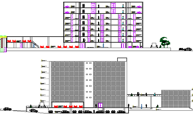 Main elevation and sectional details of multi-story business center dwg file