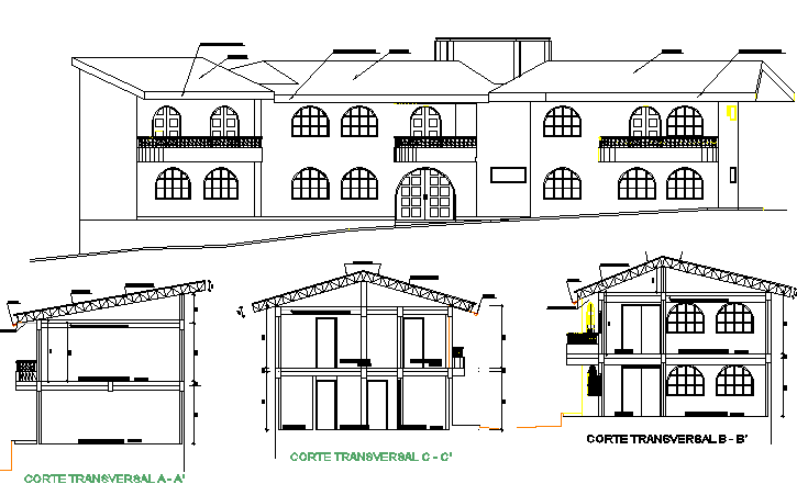 Main elevation and sectional details of municipal building dwg file
